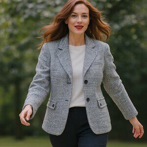 Talbots XL Petite Blue Gray Tweed Lined Blazer Jacket Classic Old Money Style